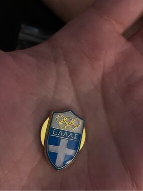 Greece Olympic Shield Pin - Blue & White with Gold Accents